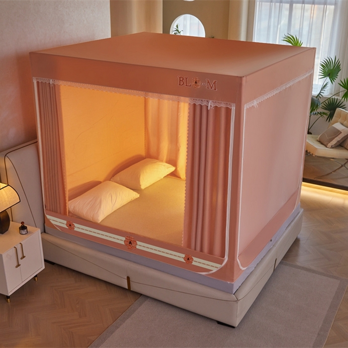 91家纺网 家纺一手货源 找家纺 艾晶美 2025新款轻奢风坐床式布帘遮光蚊帐 山茶花