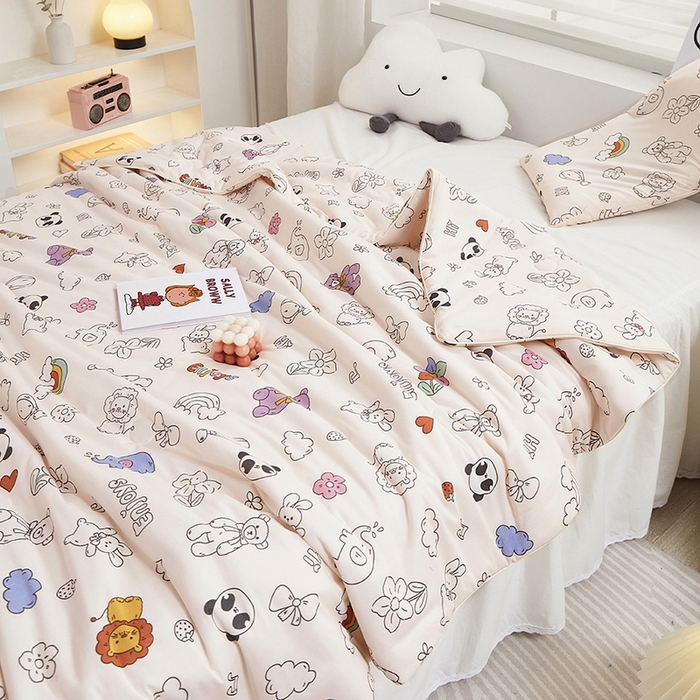 91家纺网 家纺一手货源 找家纺 丝涟家居 2025新款A类双面针织棉卡通小清新滚绳工艺夏被 动物乐园