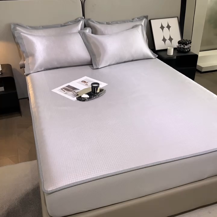 91家纺网 家纺一手货源 找家纺 由有2024升级款A类抗菌高精密色织提花可水洗冰丝凉席三件套/床笠款  千鸟格-粉