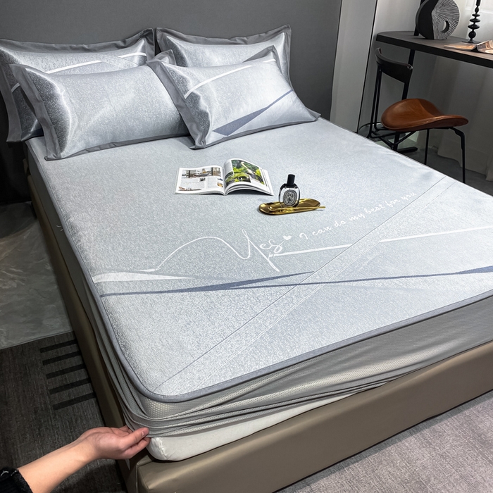 91家纺网 家纺一手货源 找家纺 由有2024升级款A类抗菌高精密色织提花可水洗冰丝凉席三件套/床笠款  邂逅-蓝