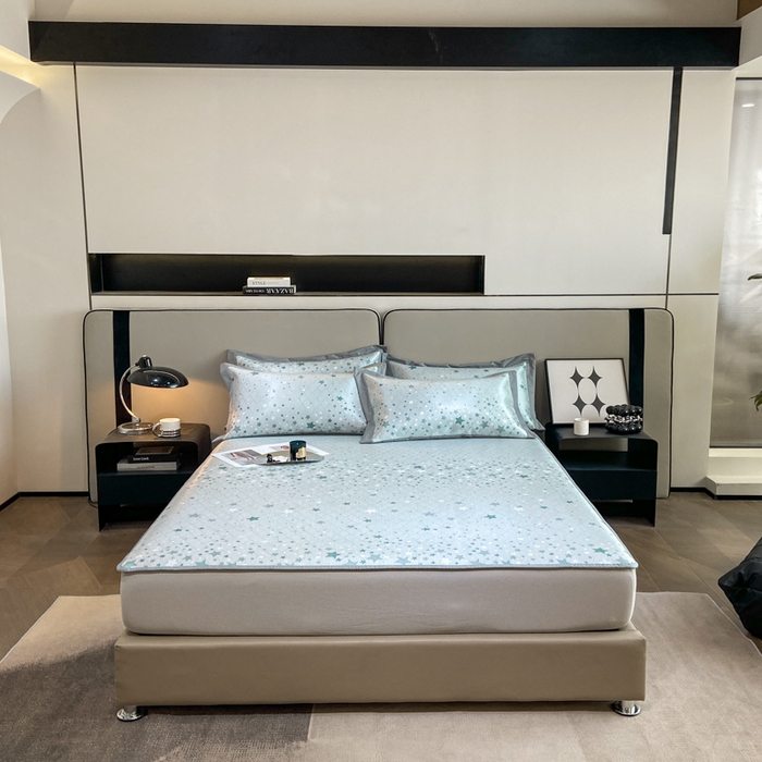 91家纺网 家纺一手货源 找家纺 由有2024升级款A类抗菌高精密色织提花可水洗冰丝凉席三件套/床笠款  繁星-绿