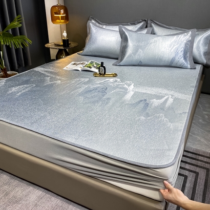 91家纺网 家纺一手货源 找家纺 由有2024升级款A类抗菌高精密色织提花可水洗冰丝凉席三件套/床笠款  山水间