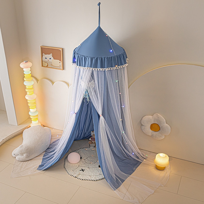91家纺网 家纺一手货源 找家纺 艾晶美 2025新款儿童圆形尖顶双层布帘蚊帐 玲珑天蓝