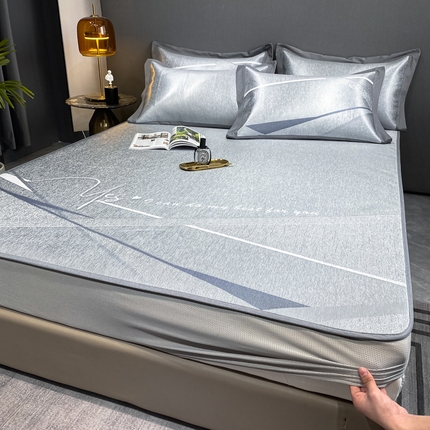 91家纺网 家纺一手货源 找家纺 由有2024升级款A类抗菌高精密色织提花可水洗冰丝凉席三件套/床笠款  邂逅-蓝