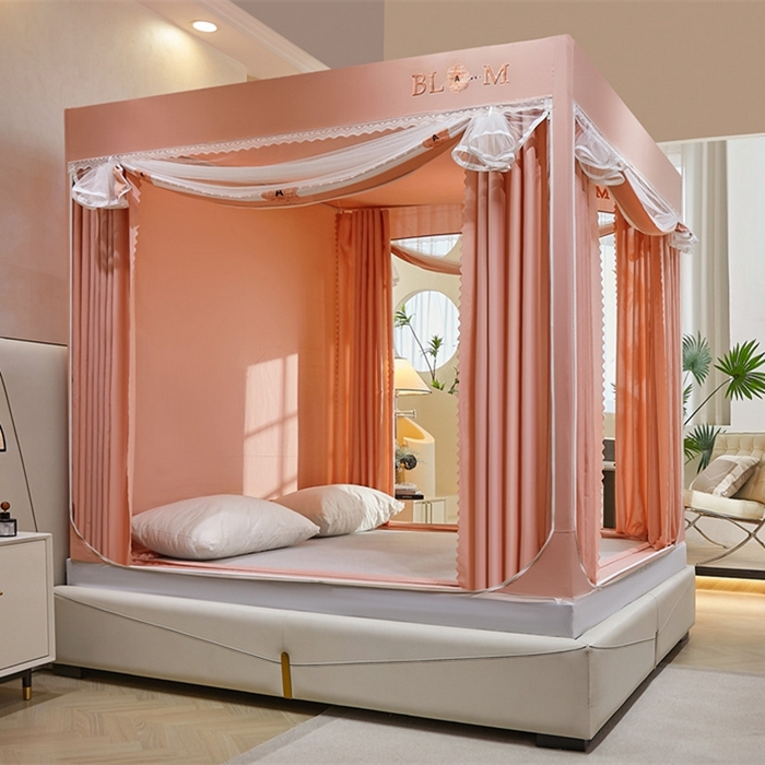 91家纺网 家纺一手货源 找家纺 艾晶美 2025新款轻奢风坐床式布帘遮光蚊帐 山茶花