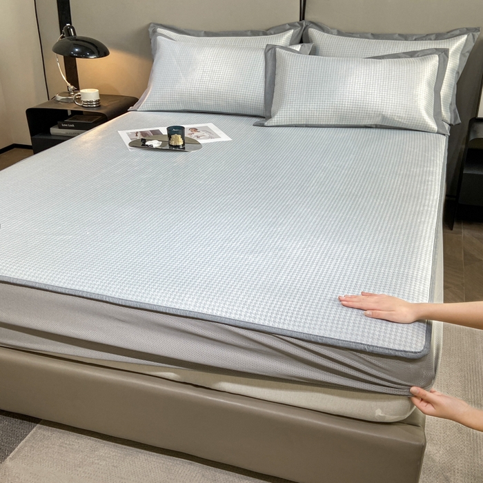 91家纺网 家纺一手货源 找家纺 由有2024升级款A类抗菌高精密色织提花可水洗冰丝凉席三件套/床笠款  千鸟格-灰