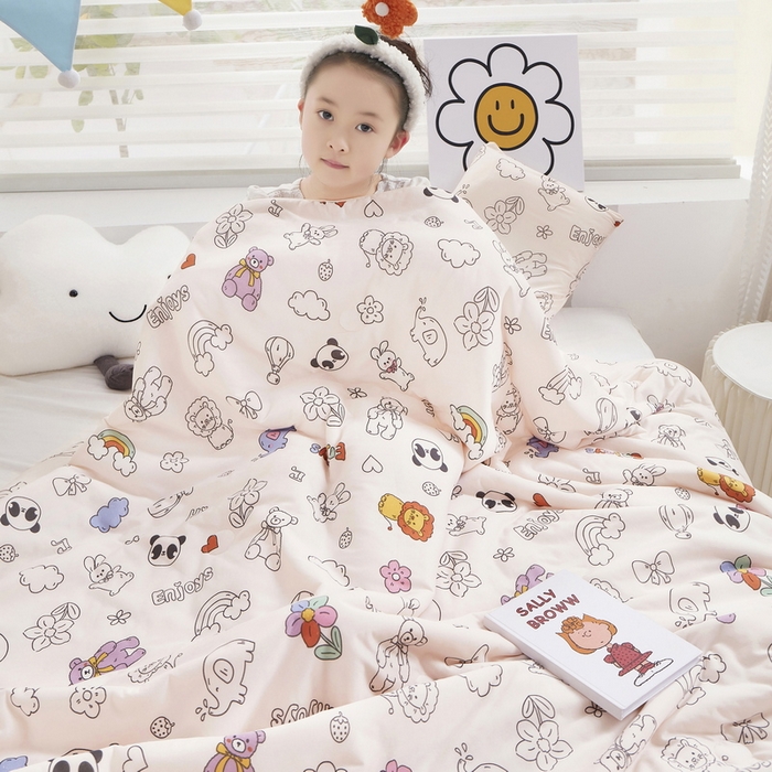 91家纺网 家纺一手货源 找家纺 丝涟家居 2025新款A类双面针织棉卡通小清新滚绳工艺夏被 动物乐园