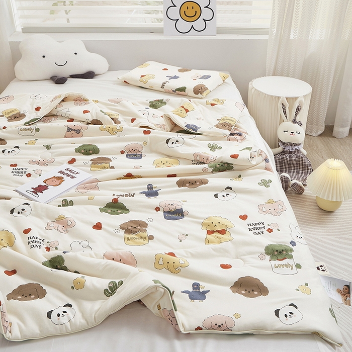 91家纺网 家纺一手货源 找家纺 丝涟家居 2025新款A类双面针织棉卡通小清新滚绳工艺夏被 茶杯狗