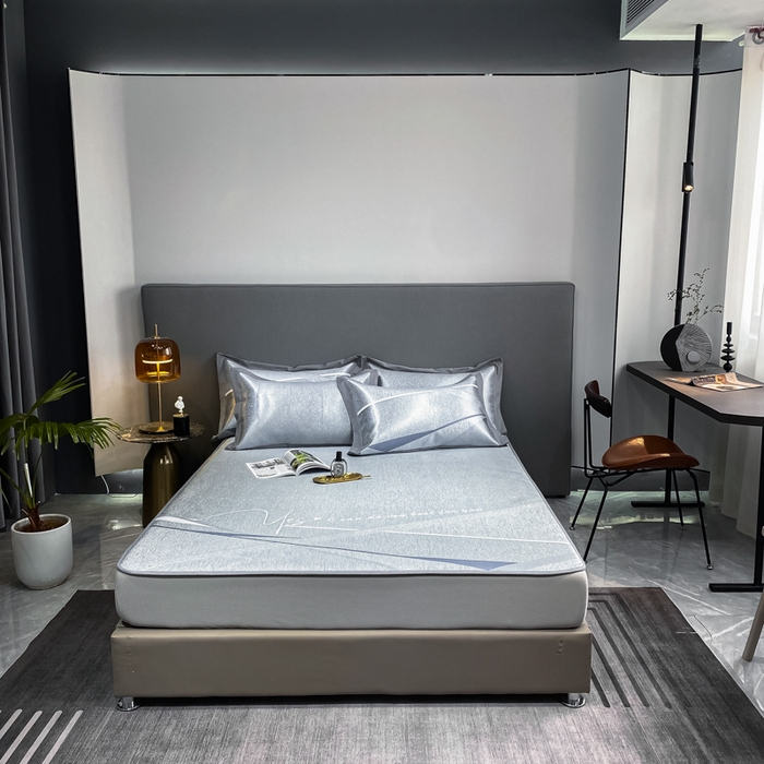 91家纺网 家纺一手货源 找家纺 由有2024升级款A类抗菌高精密色织提花可水洗冰丝凉席三件套/床笠款  邂逅-蓝