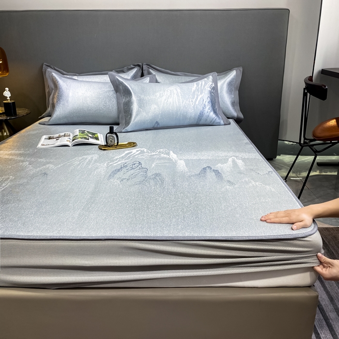 91家纺网 家纺一手货源 找家纺 由有2024升级款A类抗菌高精密色织提花可水洗冰丝凉席三件套/床笠款  山水间