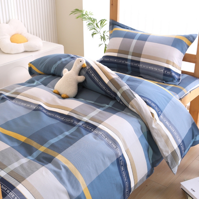 91家纺网 家纺一手货源 找家纺 凯森2024新款斜纹加厚全棉三件套寝室学生床笠上下铺床三件套 卡乐-蓝