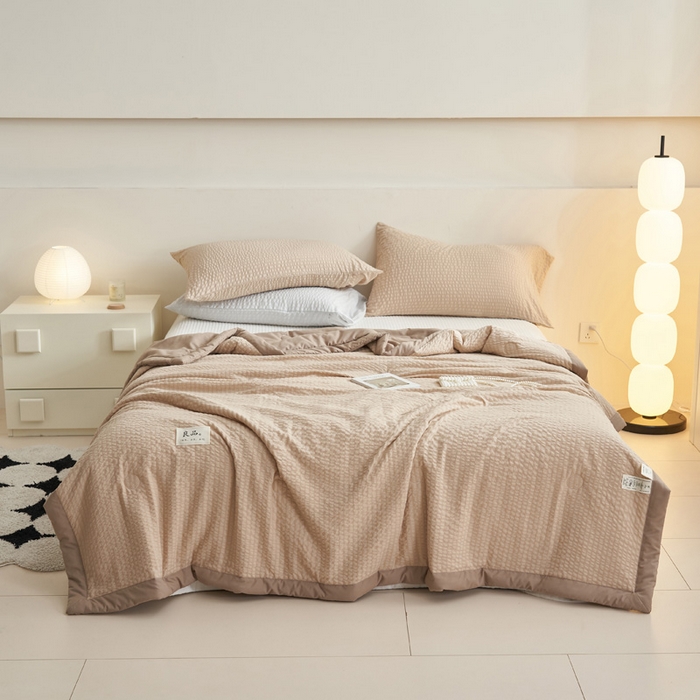 91家纺网 家纺一手货源 找家纺 2024子由家居b类水洗棉泡泡格大豆纤维夏被 泡泡格-浅驼