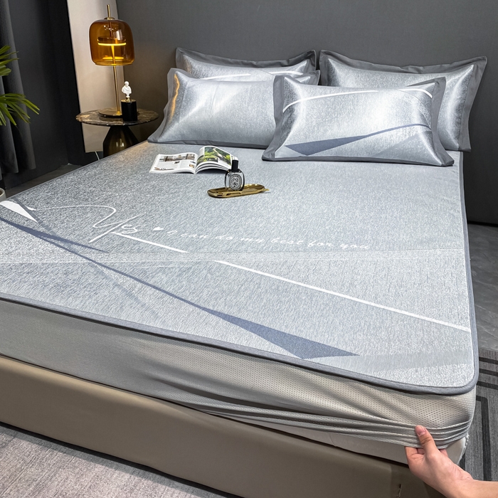 91家纺网 家纺一手货源 找家纺 由有2024升级款A类抗菌高精密色织提花可水洗冰丝凉席三件套/床笠款  邂逅-蓝