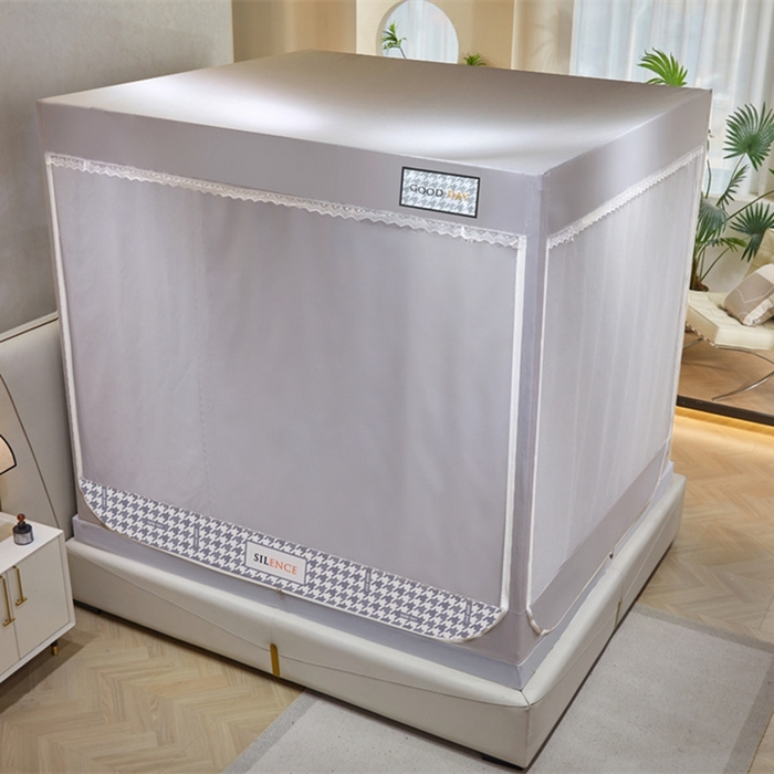 91家纺网 家纺一手货源 找家纺 艾晶美 2025新款轻奢风坐床式布帘遮光蚊帐 千鸟格-灰