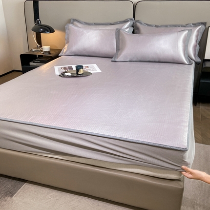 91家纺网 家纺一手货源 找家纺 由有2024升级款A类抗菌高精密色织提花可水洗冰丝凉席三件套/床笠款  千鸟格-粉