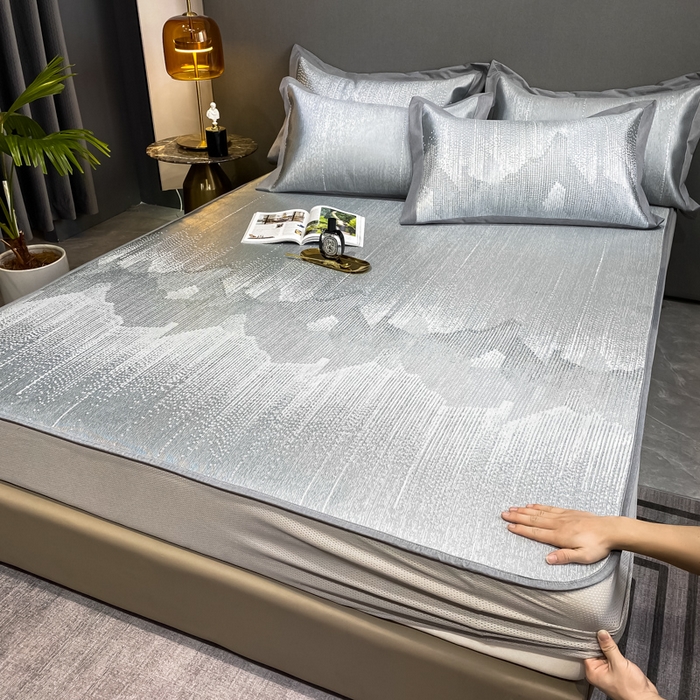 91家纺网 家纺一手货源 找家纺 由有2024升级款A类抗菌高精密色织提花可水洗冰丝凉席三件套/床笠款  时光印象