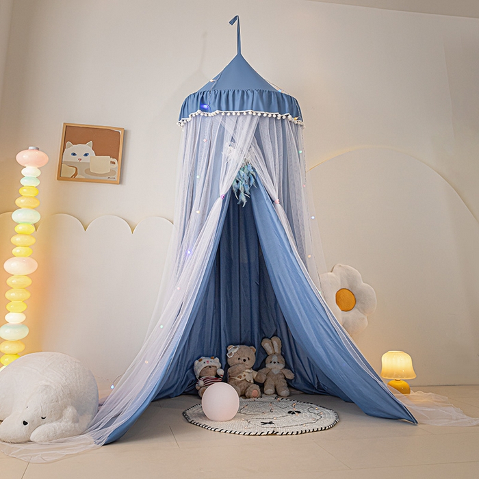 91家纺网 家纺一手货源 找家纺 艾晶美 2025新款儿童圆形尖顶双层布帘蚊帐 玲珑天蓝