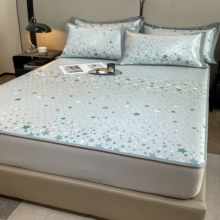 91家纺网 家纺一手货源 找家纺 由有2024升级款A类抗菌高精密色织提花可水洗冰丝凉席三件套/床笠款  繁星-绿