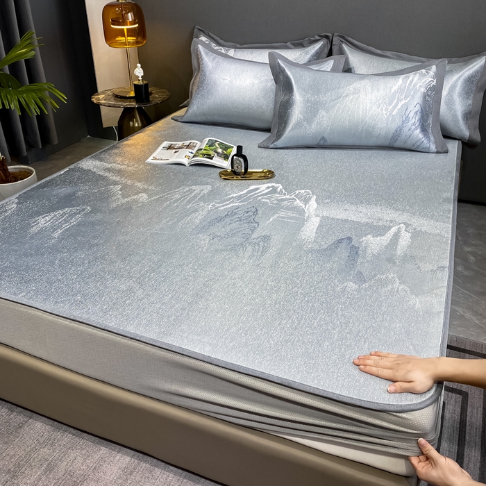 91家纺网 家纺一手货源 找家纺 由有2024升级款A类抗菌高精密色织提花可水洗冰丝凉席三件套/床笠款  山水间