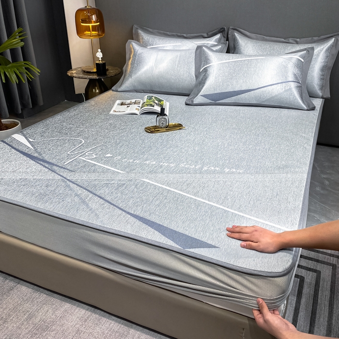 91家纺网 家纺一手货源 找家纺 由有2024升级款A类抗菌高精密色织提花可水洗冰丝凉席三件套/床笠款  邂逅-蓝