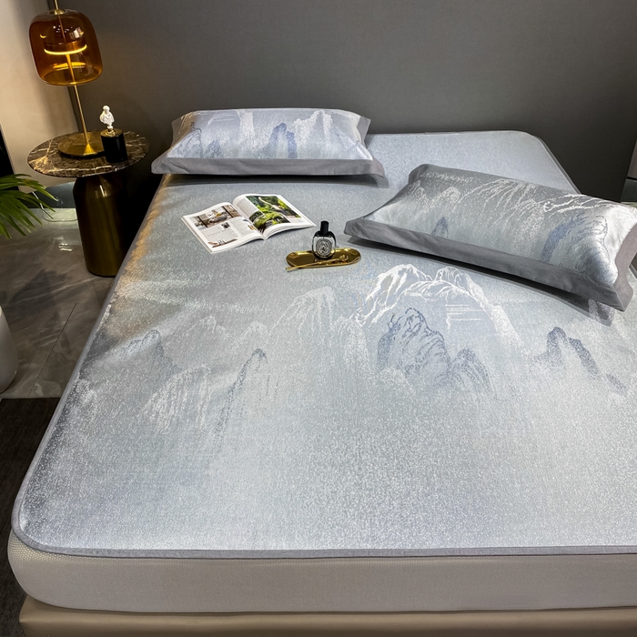 91家纺网 家纺一手货源 找家纺 由有2024升级款A类抗菌高精密色织提花可水洗冰丝凉席三件套/床笠款  山水间