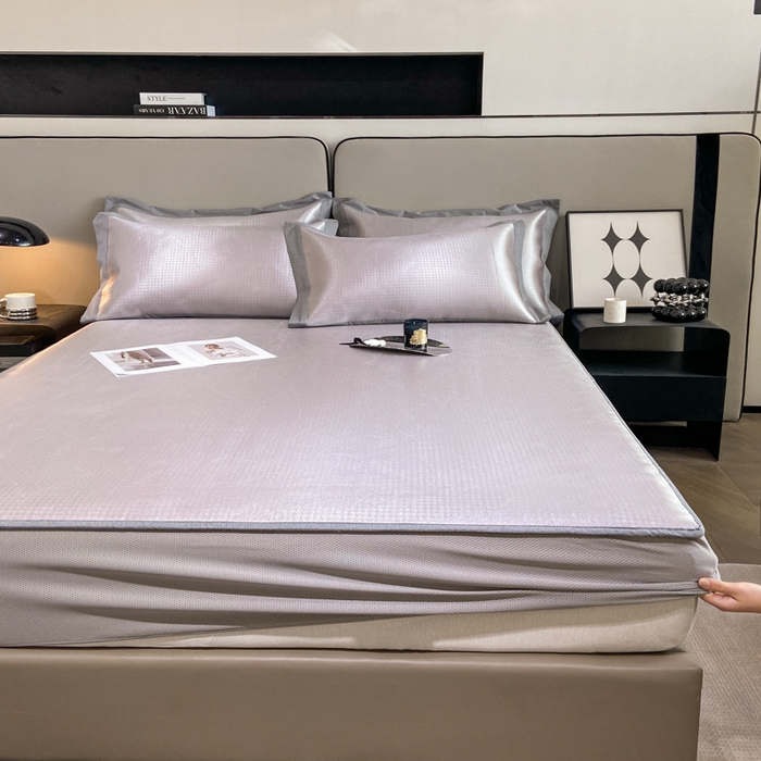 91家纺网 家纺一手货源 找家纺 由有2024升级款A类抗菌高精密色织提花可水洗冰丝凉席三件套/床笠款  千鸟格-粉