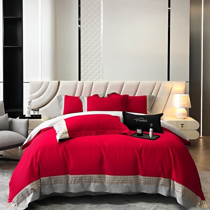 91家纺网 家纺一手货源 找家纺 博纳2024新款亲肤舒适纯棉四件套-美娜 大红