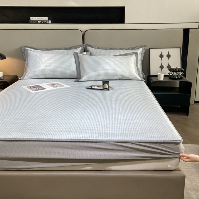 91家纺网 家纺一手货源 找家纺 由有2024升级款A类抗菌高精密色织提花可水洗冰丝凉席三件套/床笠款  千鸟格-灰