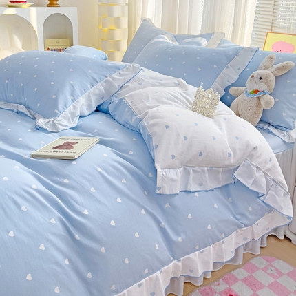91家纺网 家纺一手货源 找家纺 麦朵家居 2024新款床裙款爱心全棉花边四件套 爱心-天空蓝