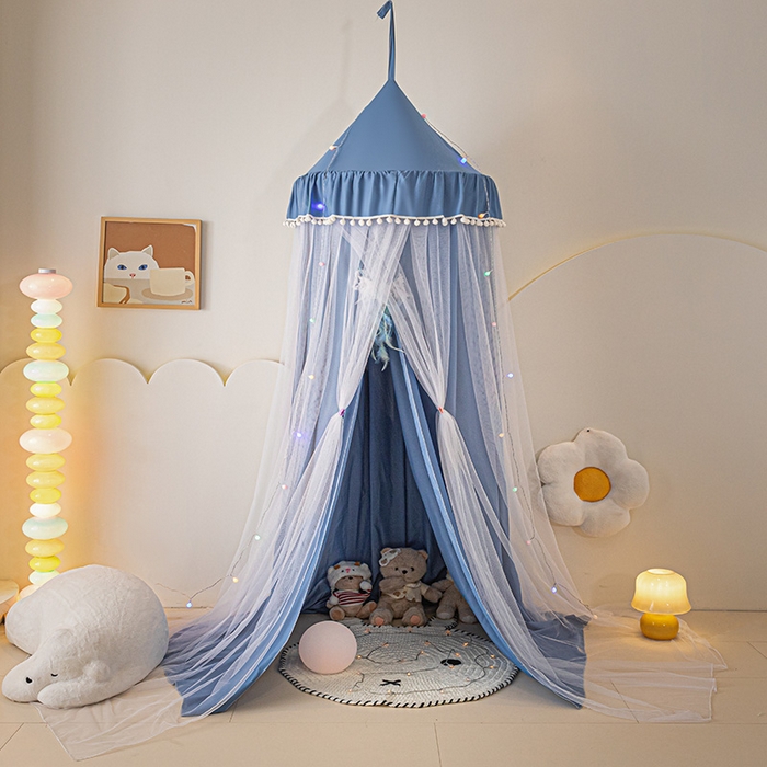 91家纺网 家纺一手货源 找家纺 艾晶美 2025新款儿童圆形尖顶双层布帘蚊帐 玲珑天蓝