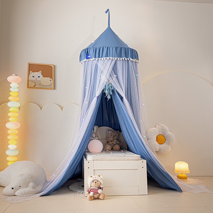 91家纺网 家纺一手货源 找家纺 艾晶美 2025新款儿童圆形尖顶双层布帘蚊帐 玲珑天蓝