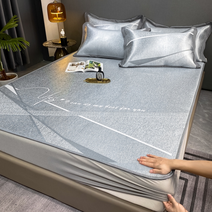 91家纺网 家纺一手货源 找家纺 由有2024升级款A类抗菌高精密色织提花可水洗冰丝凉席三件套/床笠款  邂逅-灰