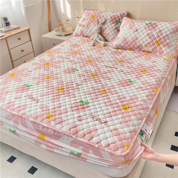 91家纺网 家纺一手货源 找家纺 九亭家纺 2024新款A类全棉抗菌夹棉床笠 全棉-水蜜桃粉