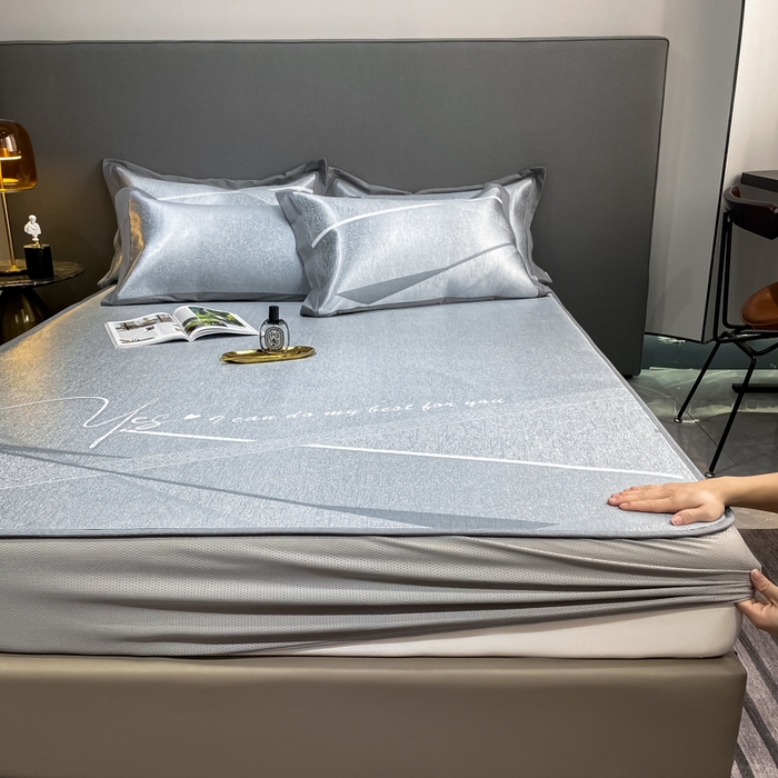 91家纺网 家纺一手货源 找家纺 由有2024升级款A类抗菌高精密色织提花可水洗冰丝凉席三件套/床笠款  邂逅-灰