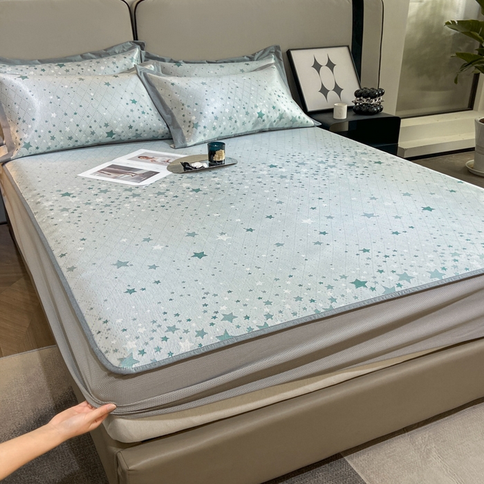 91家纺网 家纺一手货源 找家纺 由有2024升级款A类抗菌高精密色织提花可水洗冰丝凉席三件套/床笠款  繁星-绿