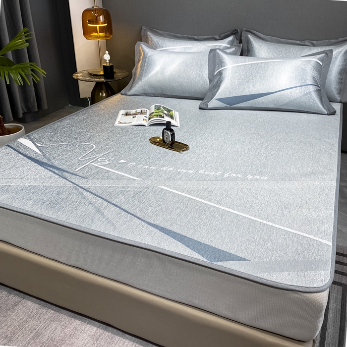 91家纺网 家纺一手货源 找家纺 由有2024升级款A类抗菌高精密色织提花可水洗冰丝凉席三件套/床笠款  邂逅-蓝