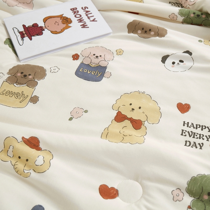 91家纺网 家纺一手货源 找家纺 丝涟家居 2025新款A类双面针织棉卡通小清新滚绳工艺夏被 茶杯狗