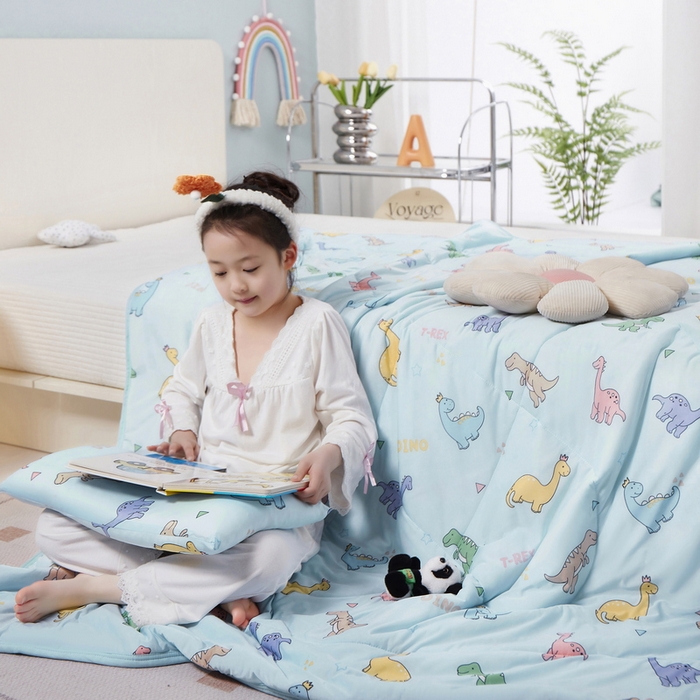 91家纺网 家纺一手货源 找家纺 丝涟家居 2025新款A类卡通小清新双面印花凉感丝夏被 恐龙时代