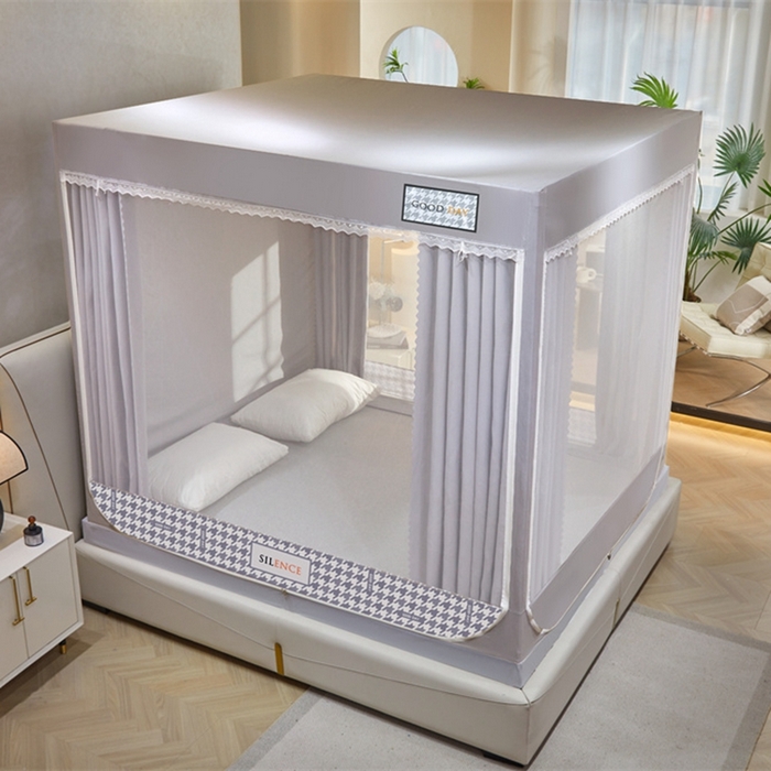 91家纺网 家纺一手货源 找家纺 艾晶美 2025新款轻奢风坐床式布帘遮光蚊帐 千鸟格-灰