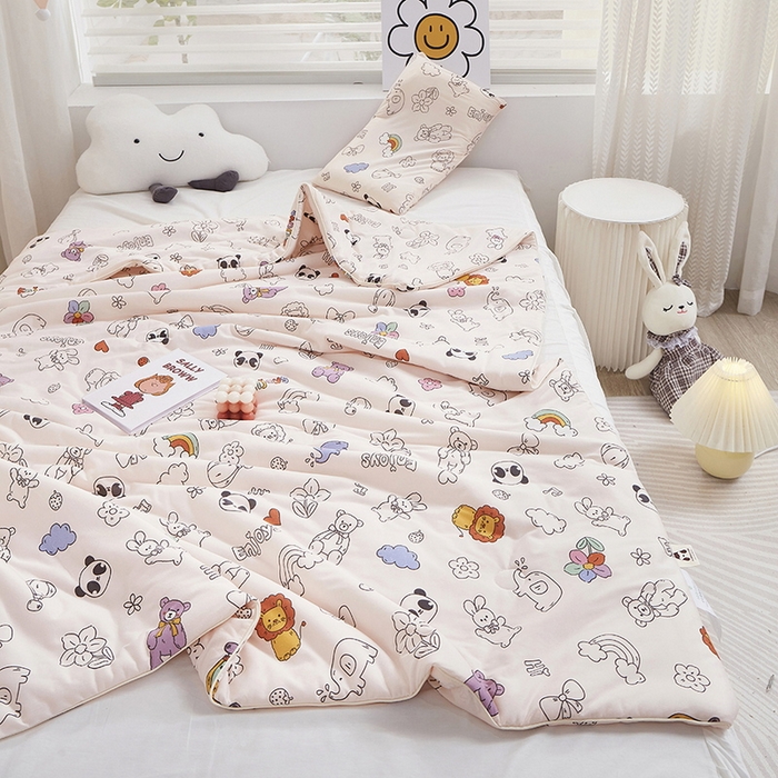 91家纺网 家纺一手货源 找家纺 丝涟家居 2025新款A类双面针织棉卡通小清新滚绳工艺夏被 动物乐园