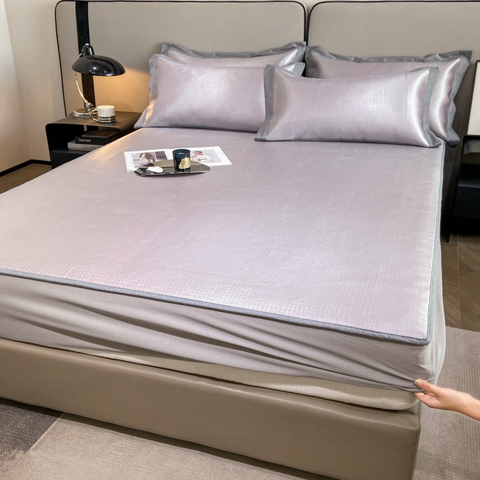 91家纺网 家纺一手货源 找家纺 由有2024升级款A类抗菌高精密色织提花可水洗冰丝凉席三件套/床笠款  千鸟格-粉