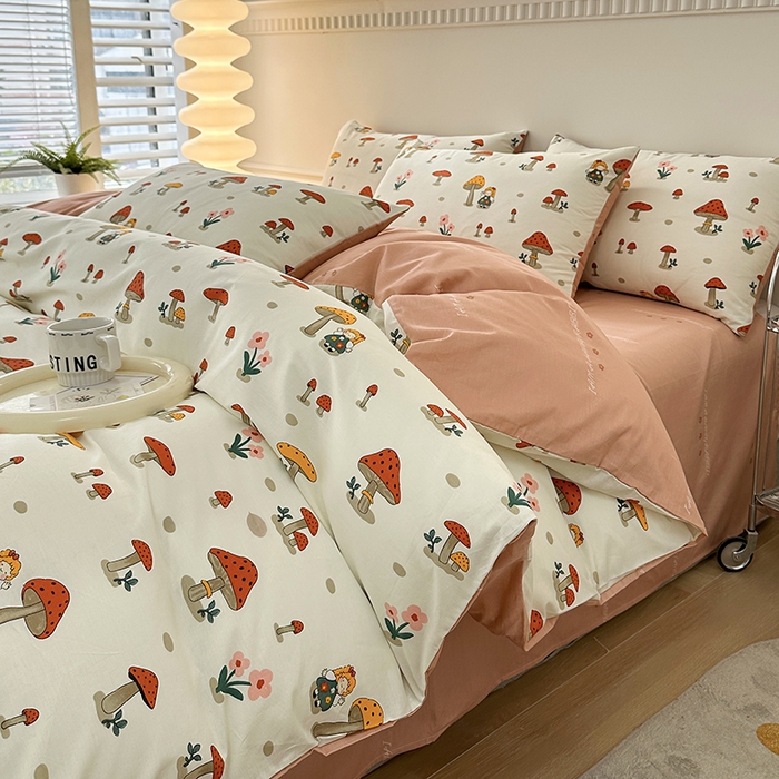 91家纺网 家纺一手货源 找家纺 宇彬家纺 2024新款13372喷气全棉四件套 采蘑菇