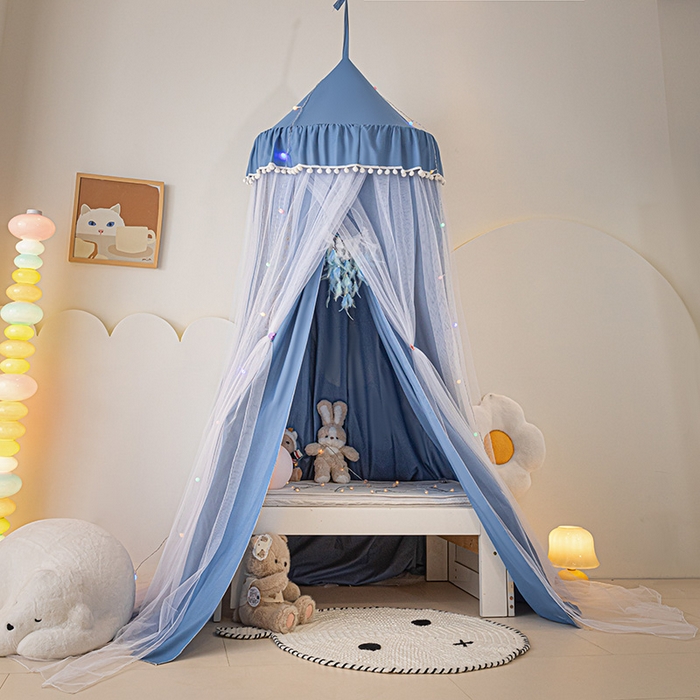 91家纺网 家纺一手货源 找家纺 艾晶美 2025新款儿童圆形尖顶双层布帘蚊帐 玲珑天蓝