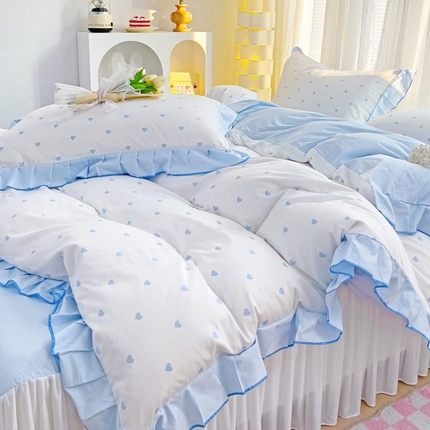 91家纺网 家纺一手货源 找家纺 麦朵家居 2024新款床裙款爱心全棉花边四件套 爱心-白玉兰