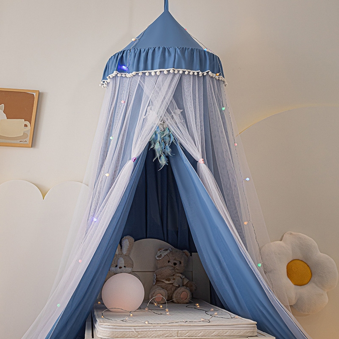 91家纺网 家纺一手货源 找家纺 艾晶美 2025新款儿童圆形尖顶双层布帘蚊帐 玲珑天蓝