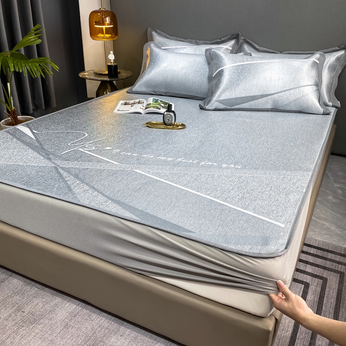 91家纺网 家纺一手货源 找家纺 由有2024升级款A类抗菌高精密色织提花可水洗冰丝凉席三件套/床笠款  邂逅-灰