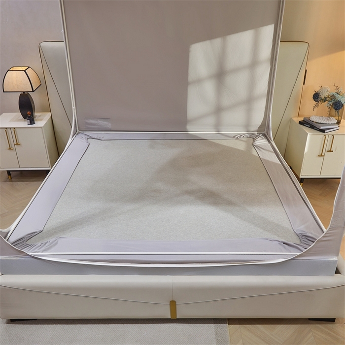 91家纺网 家纺一手货源 找家纺 艾晶美 2025新款轻奢风坐床式布帘遮光蚊帐 千鸟格-灰