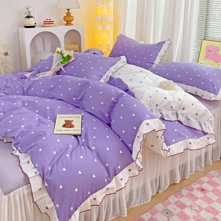 91家纺网 家纺一手货源 找家纺 麦朵家居 2024新款床裙款爱心全棉花边四件套 爱心-紫色