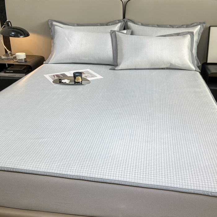 91家纺网 家纺一手货源 找家纺 由有2024升级款A类抗菌高精密色织提花可水洗冰丝凉席三件套/床笠款  千鸟格-灰