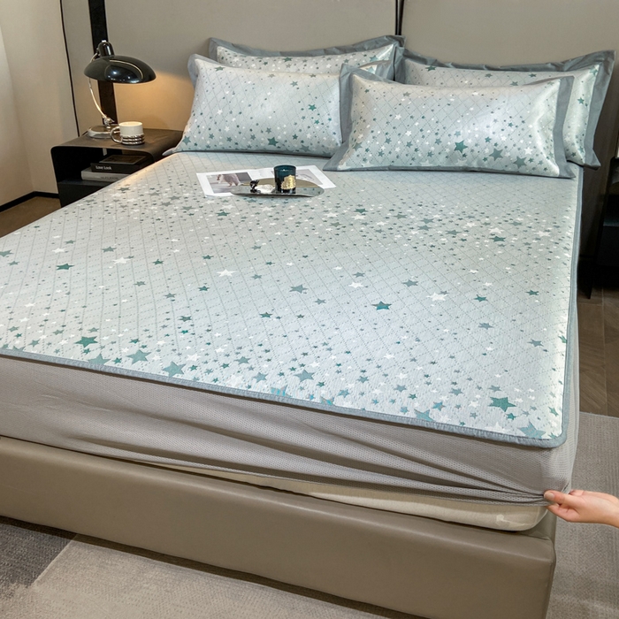 91家纺网 家纺一手货源 找家纺 由有2024升级款A类抗菌高精密色织提花可水洗冰丝凉席三件套/床笠款  繁星-绿